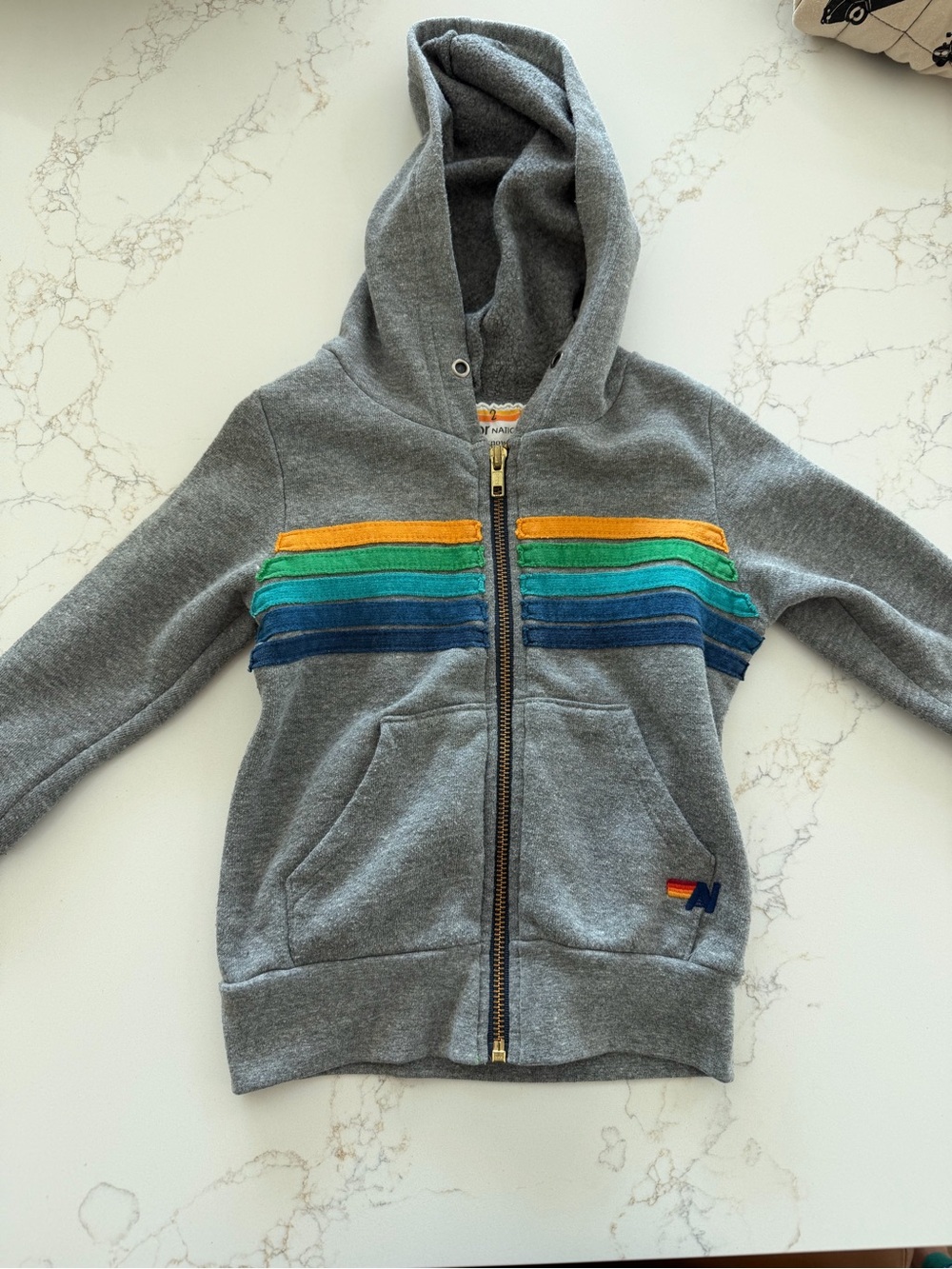 Aviator Nation Gray Zip Hoodie with Yellow, Green & Blue Stripes